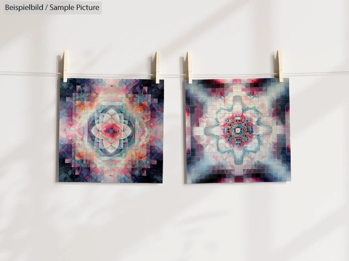 Two abstract geometric artworks hanging on a clothesline with colorful, intricate patterns and symmetrical designs.