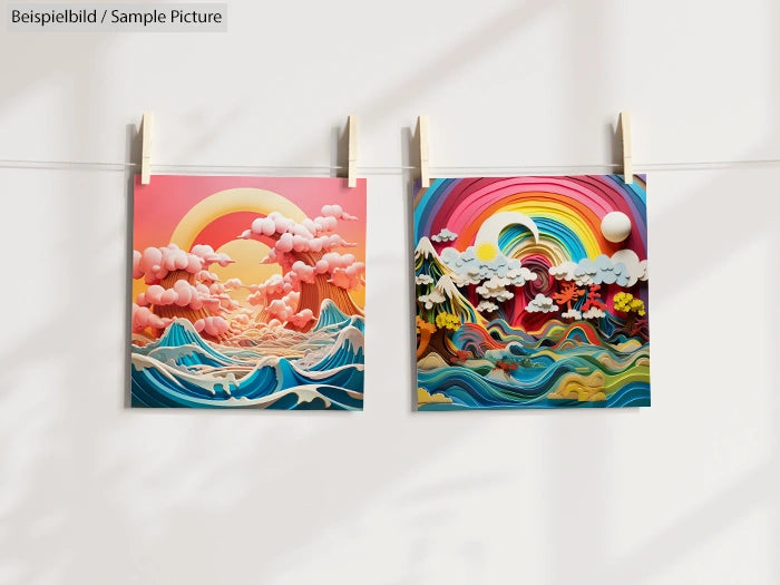 Two colorful paper art landscapes of mountains, seas, and skies with vibrant pinks, blues, and a rainbow palette.