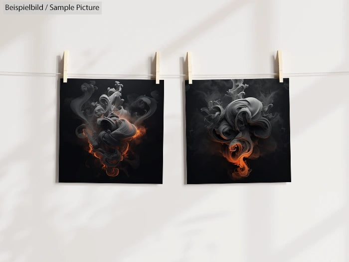 Two abstract art pieces with swirling black and orange smoke, hanging on a line against a white background.