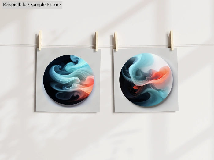 Two abstract paintings with swirling blue, orange, and white patterns on dark backgrounds, hung on a line with clothespins.