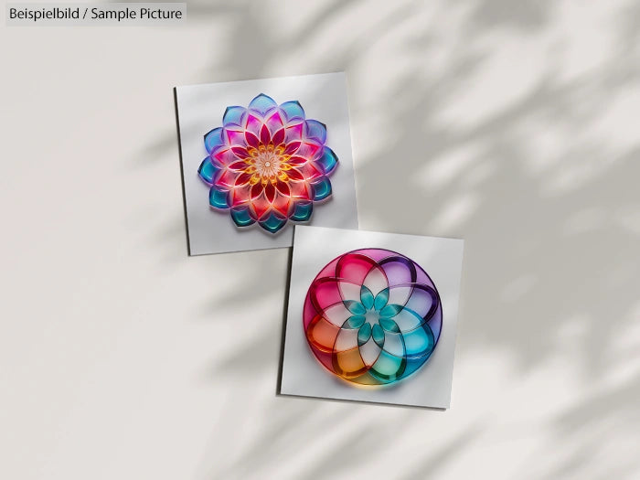 Two colorful geometric mandalas on white background with shadow play.