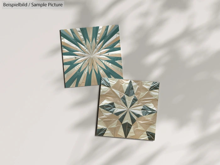 Two abstract geometric patterns on square tiles with shades of teal and beige, casting shadows on a light surface.