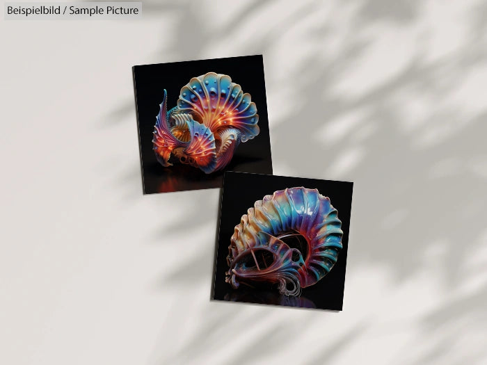 Two vibrant, abstract 3D shell-like sculptures on a shadowed surface, featuring iridescent colors and intricate patterns.