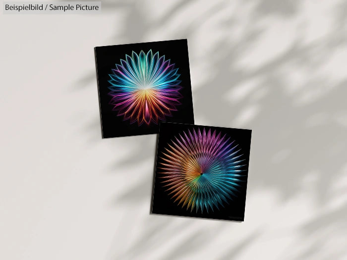 Two artworks of vibrant geometric flower patterns on black background, featuring multicolored petals.