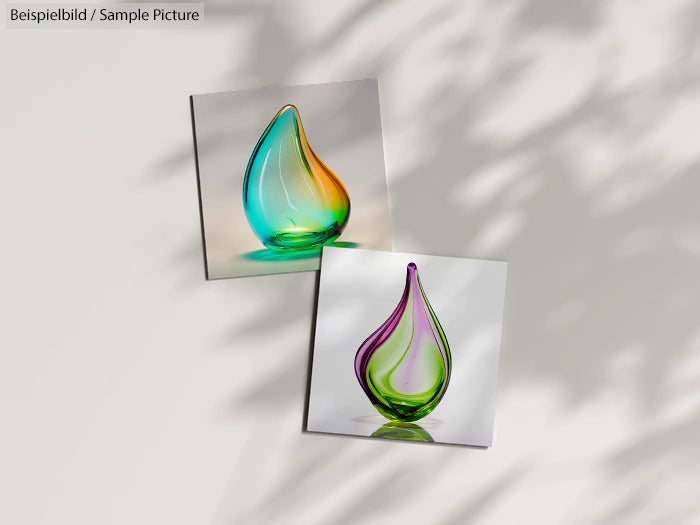 Two glass sculptures with colorful gradients on a neutral background, casting soft shadows.