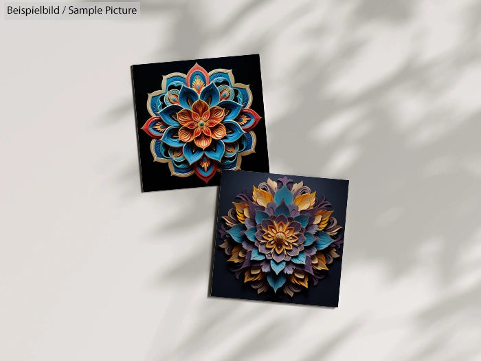 Two colorful ornate floral paper art designs on a neutral background.