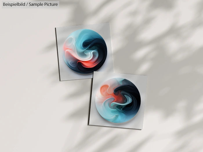 Two abstract circular artworks with swirling blue, red, and black colors, casting shadows on a light surface.