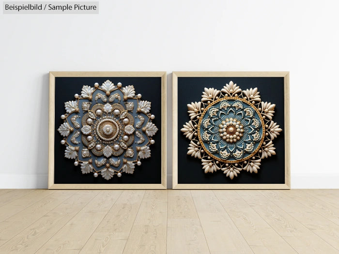 Two framed ornate mandala artworks on a wooden floor, featuring intricate floral and geometric designs.