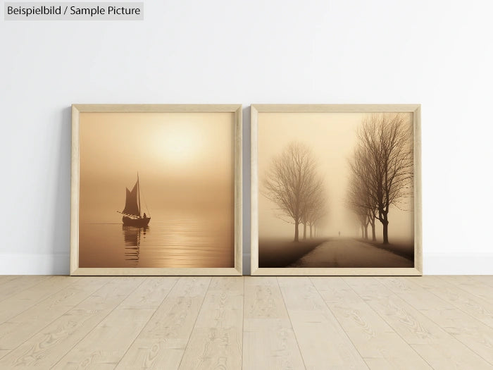 Two framed sepia-tone prints: a sailboat at sea and a foggy tree-lined path, displayed on a wooden floor.