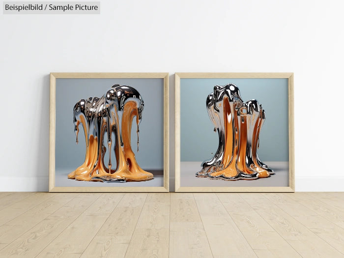 Two framed abstract artworks of metallic liquid forms on a wooden floor.