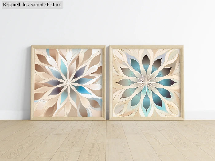 Two framed abstract art pieces with layered petal designs in beige and teal hues, displayed on a wooden floor.