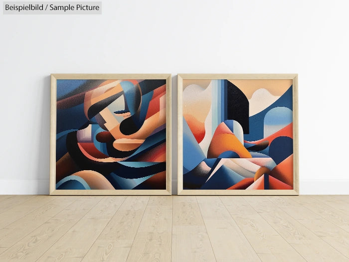 Two abstract paintings with colorful geometric shapes in wooden frames on a light wooden floor against a white wall.