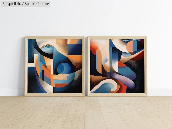 Two abstract paintings with bold, curved shapes and gradients in blue, orange, and white hues, framed on a wooden floor.