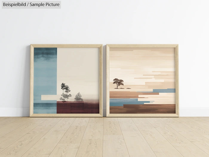 Modern abstract artwork with trees in wood frames on a wooden floor, featuring geometric shapes in muted colors.