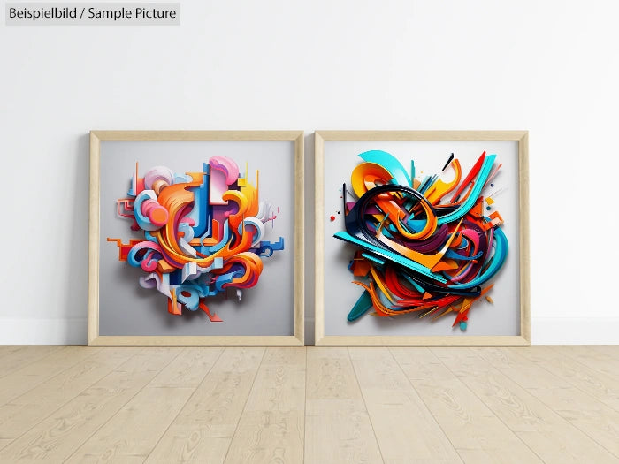 Two abstract 3D artworks with colorful swirls and geometric shapes in wooden frames, displayed on a wooden floor.