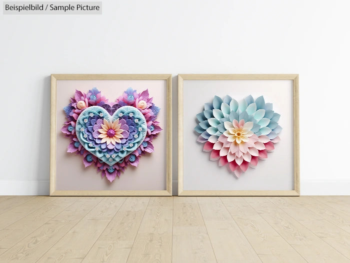 Two framed floral paper art pieces on floor; one heart-shaped, the other a circular flower, in pastel colors.