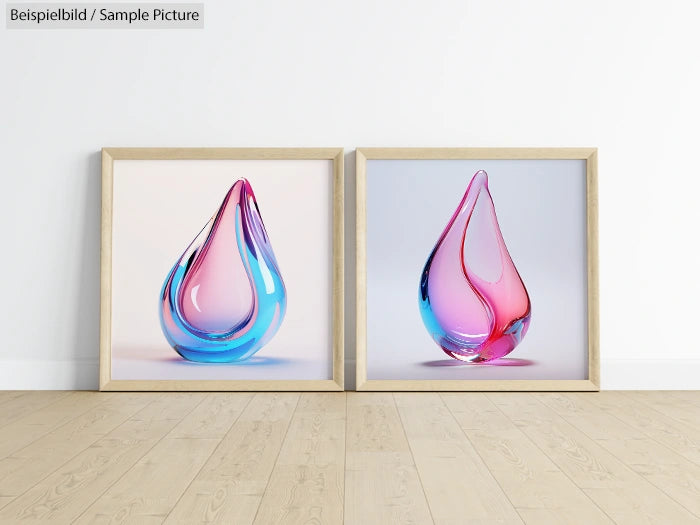 Two framed abstract artworks with colorful glass-like teardrop shapes in blue, purple, and pink hues on a wooden floor.