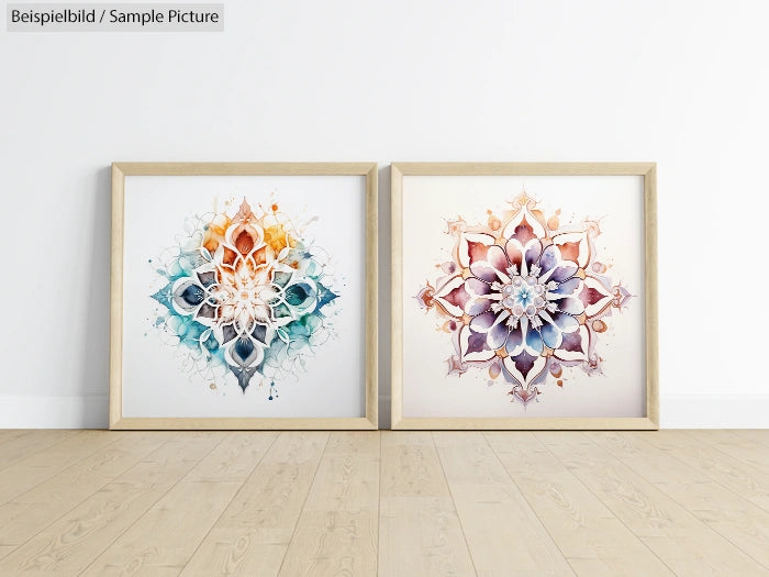 Two framed mandala artworks on floor, featuring abstract floral designs in blue-green and pink-purple hues.