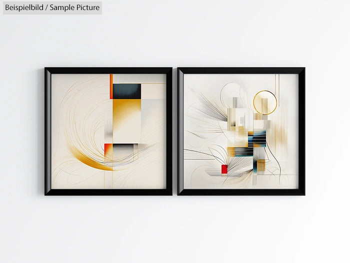 Two abstract paintings with geometric shapes and black frames on a white wall.