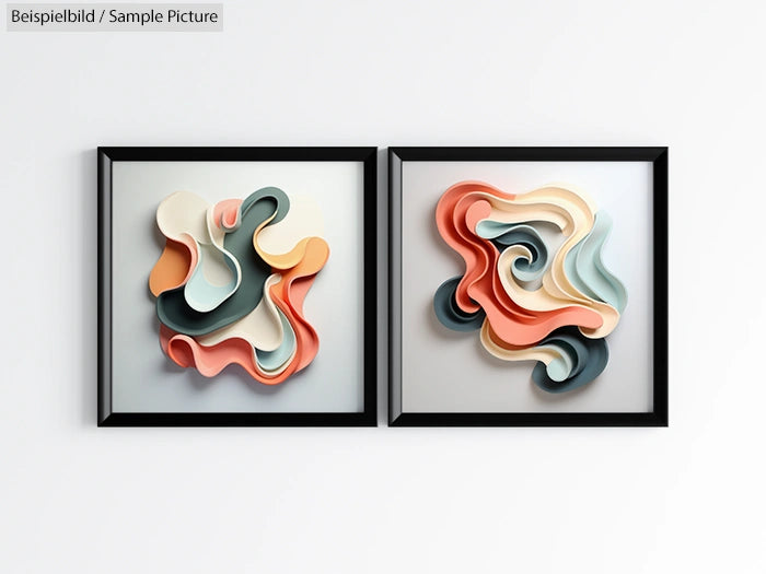 Two abstract 3D wall art pieces with flowing shapes and pastel colors in black frames.