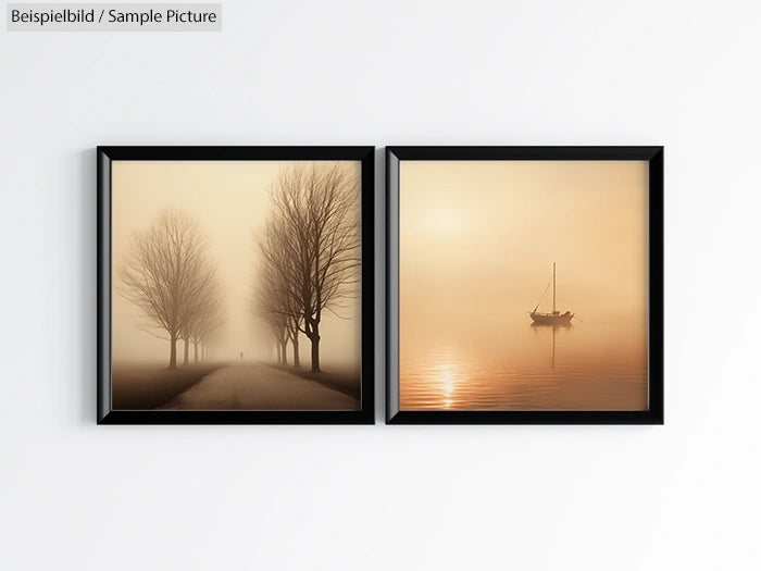 Framed pictures of a foggy path with trees and a serene lake with a boat at sunset, hung on a white wall.