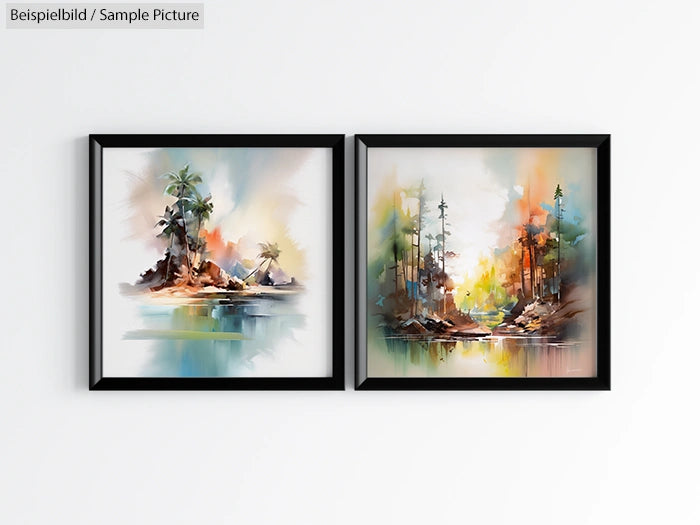 Two framed watercolor landscapes with trees and reflections, using soft earthy tones on a white wall.