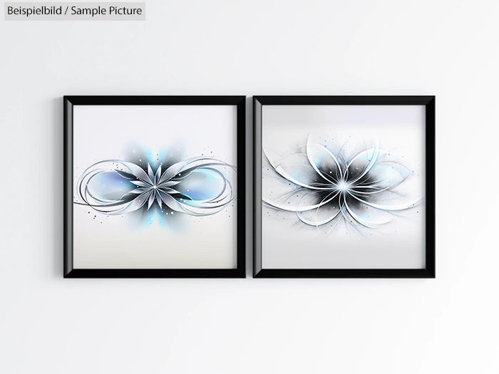 Two framed abstract artworks with intricate blue and black swirls on a light background, displayed on a white wall.