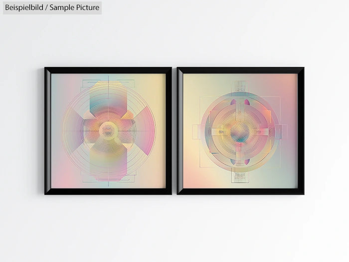 Two abstract geometric art prints in black frames with soft pastel colors, displayed on a white wall.