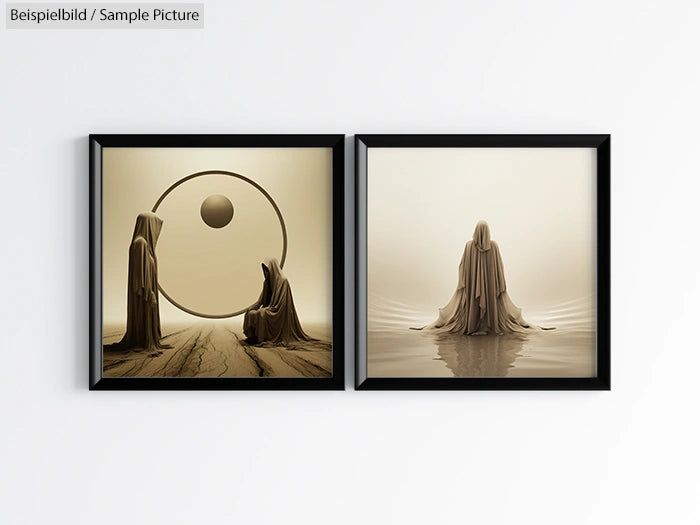 Two framed abstract artworks featuring cloaked figures and mysterious settings, one with a circle and one with water.