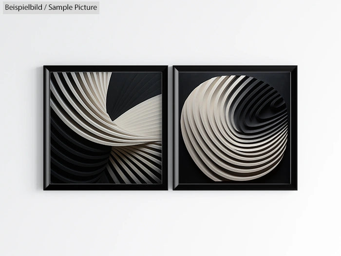 Two framed abstract artworks with spiral patterns in monochrome tones on a white wall.