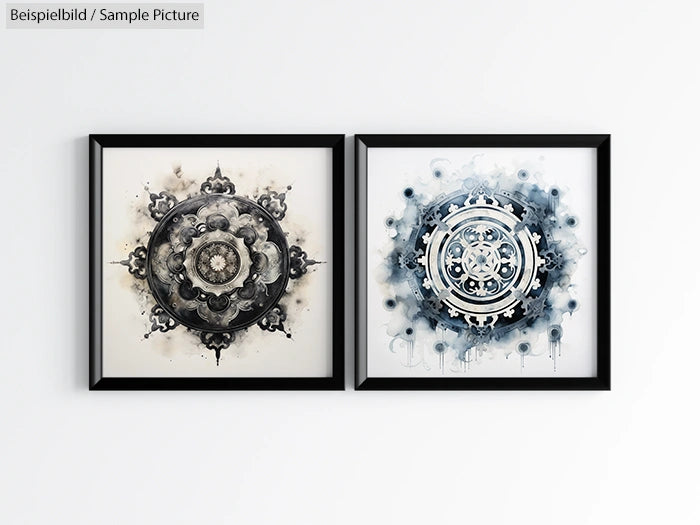 Two abstract mandala artworks in black frames on a white wall, one black and white, the other in blue and white tones.