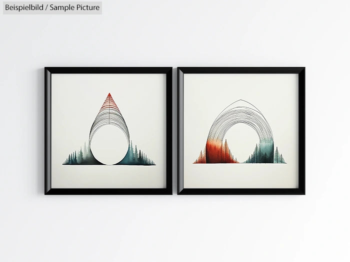 Two abstract framed artworks with colorful arches and geometric designs.