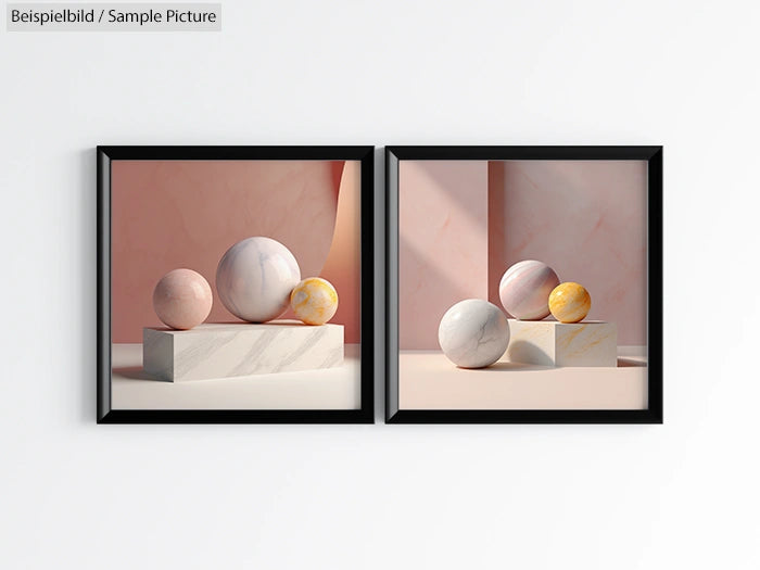 Framed artwork of geometric spheres on pedestals with soft pink background.