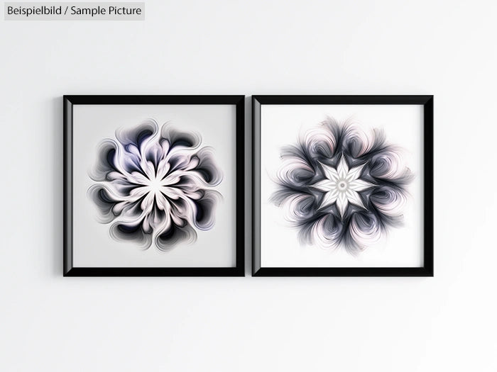 Two black-framed artworks with abstract floral designs in monochrome tones on a white wall.