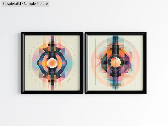 Two framed abstract geometric art pieces with circular and linear patterns in vibrant colors on a white wall.