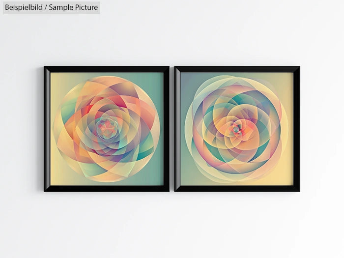 Two framed abstract art pieces with colorful overlapping circles on a gradient background, hung on a white wall.