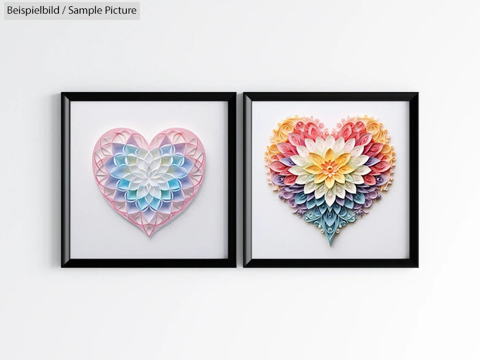 Two framed heart artworks with intricate folded paper designs: one in pastels and the other in vibrant rainbow colors.