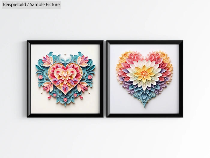 Two framed heart-shaped paper quilling designs in vibrant colors on a white wall.