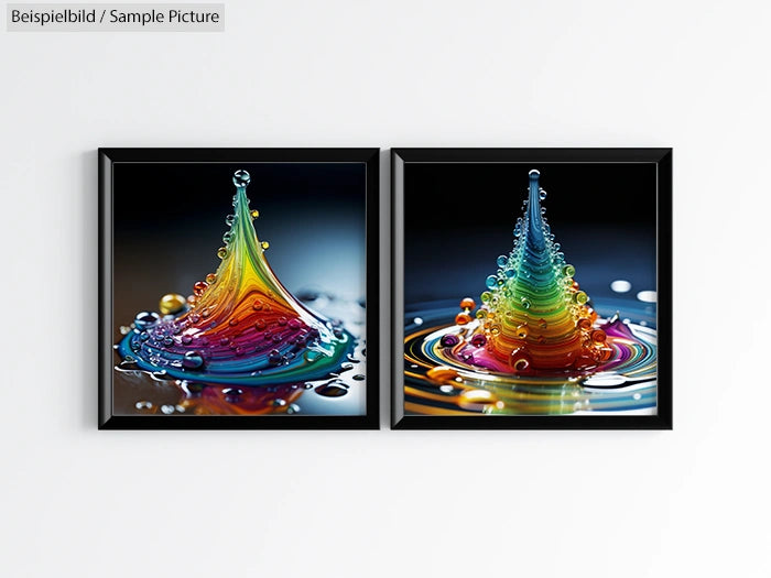 Side-by-side images of vibrant, colorful liquid splashes on black backgrounds, creating cone-like shapes.