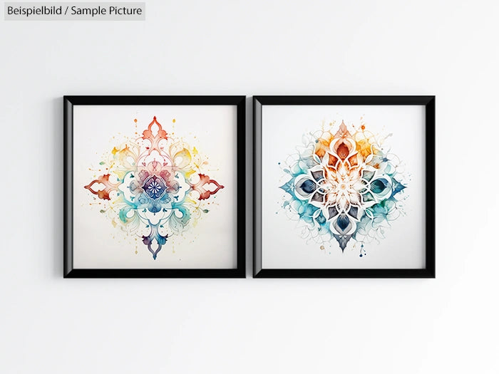 Two framed abstract artworks with colorful geometric mandala designs on a white wall.