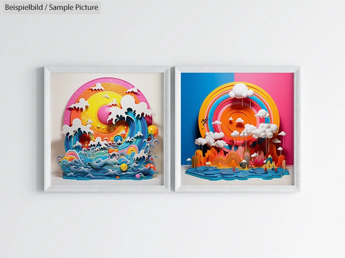 Two abstract framed artworks with vibrant, colorful waves and landscapes, featuring clouds and ocean elements.