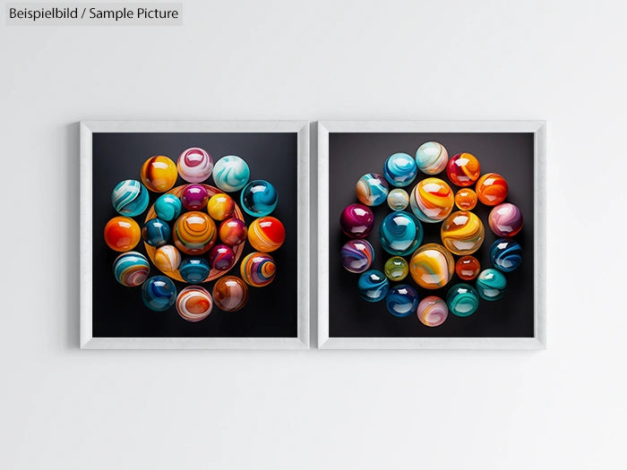 Two framed abstract paintings of colorful marbles against a dark background.