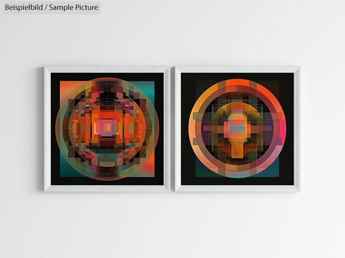 Two framed abstract geometric prints with overlapping colorful circles and squares on a white wall.