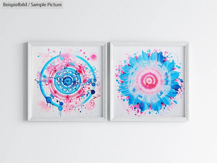 Two abstract paintings with colorful circular patterns in pinks and blues, framed and displayed on a white wall.