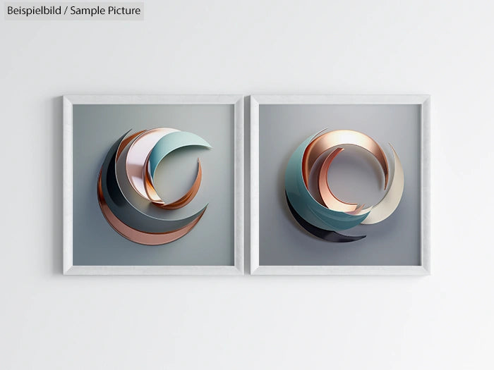 Two framed abstract artworks with metallic curved shapes in soft shades of silver, copper, and teal on a grey background.