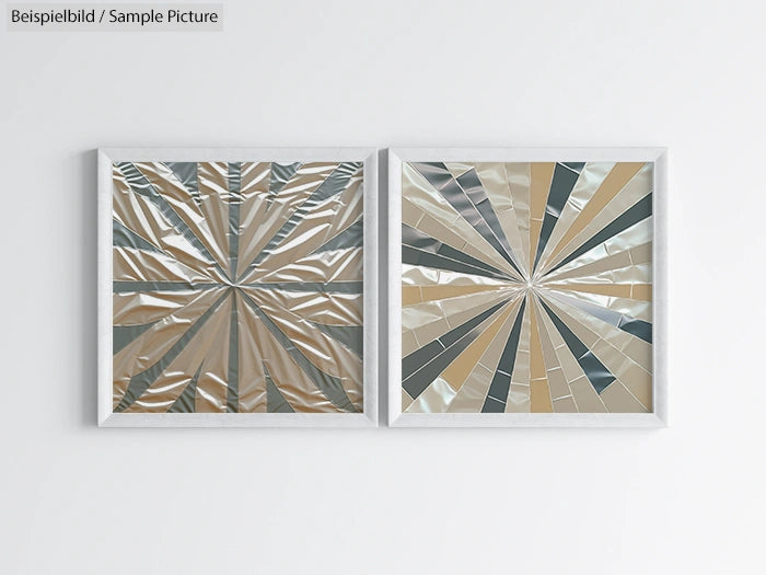 Two abstract art pieces with converging metallic strips in silver and gold tones, framed on a white wall.