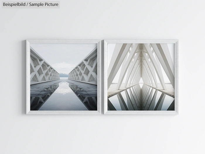 Modern architectural photos with geometric shapes in white framed side-by-side on a blank wall.