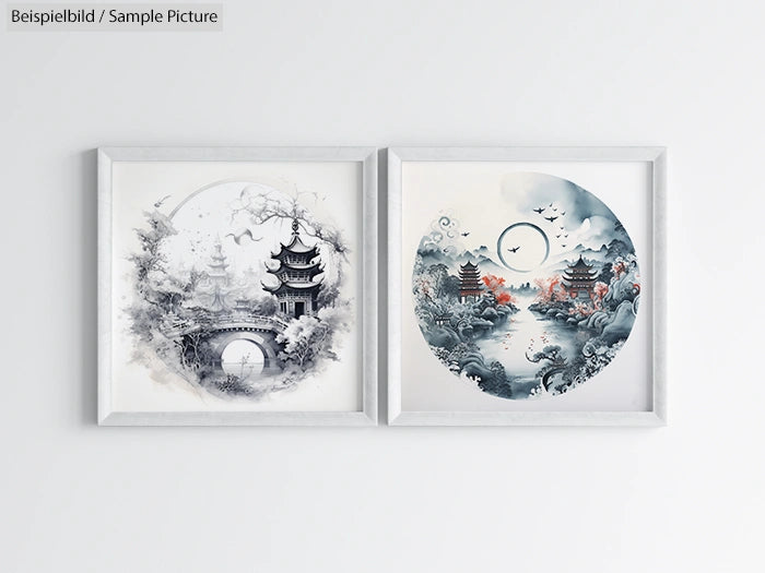 Two framed circular paintings of Chinese landscapes with pagodas and nature motifs, in monochrome and color schemes.