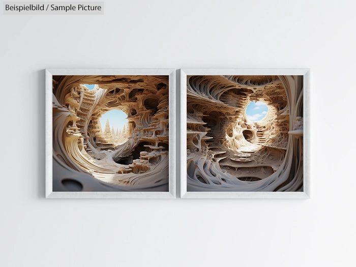 Two abstract 3D artworks with organic, swirling forms and blue sky peeking through, framed and hung on a white wall.