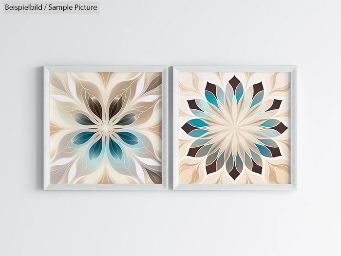 Two framed abstract artworks with floral petal designs in earth tones and teal hues on a light wall.